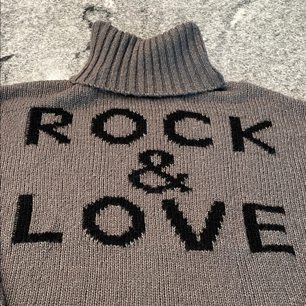 Gray Crop Length Turtleneck Sweater, Black Text “Rock & Love”